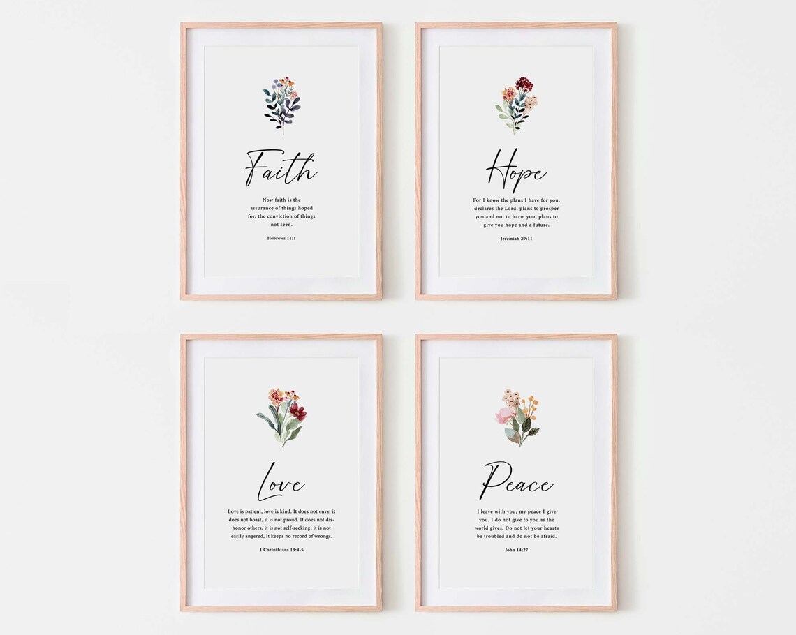 Faith Hope Love Peace Scripture Verses Floral Four Piece Art Set Poster