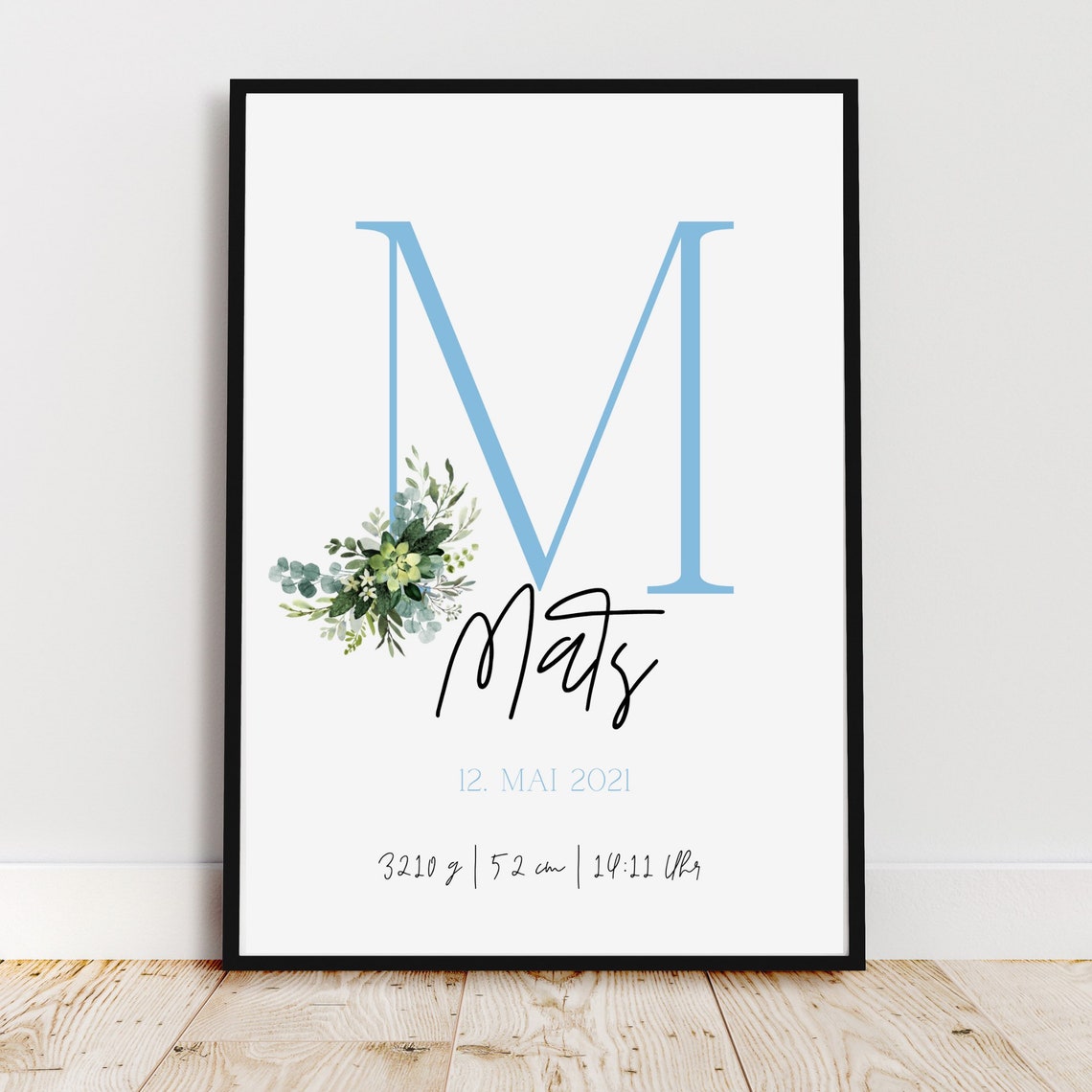 Personalized Birth Poster with Blue Initial and Eucalyptus Decor
