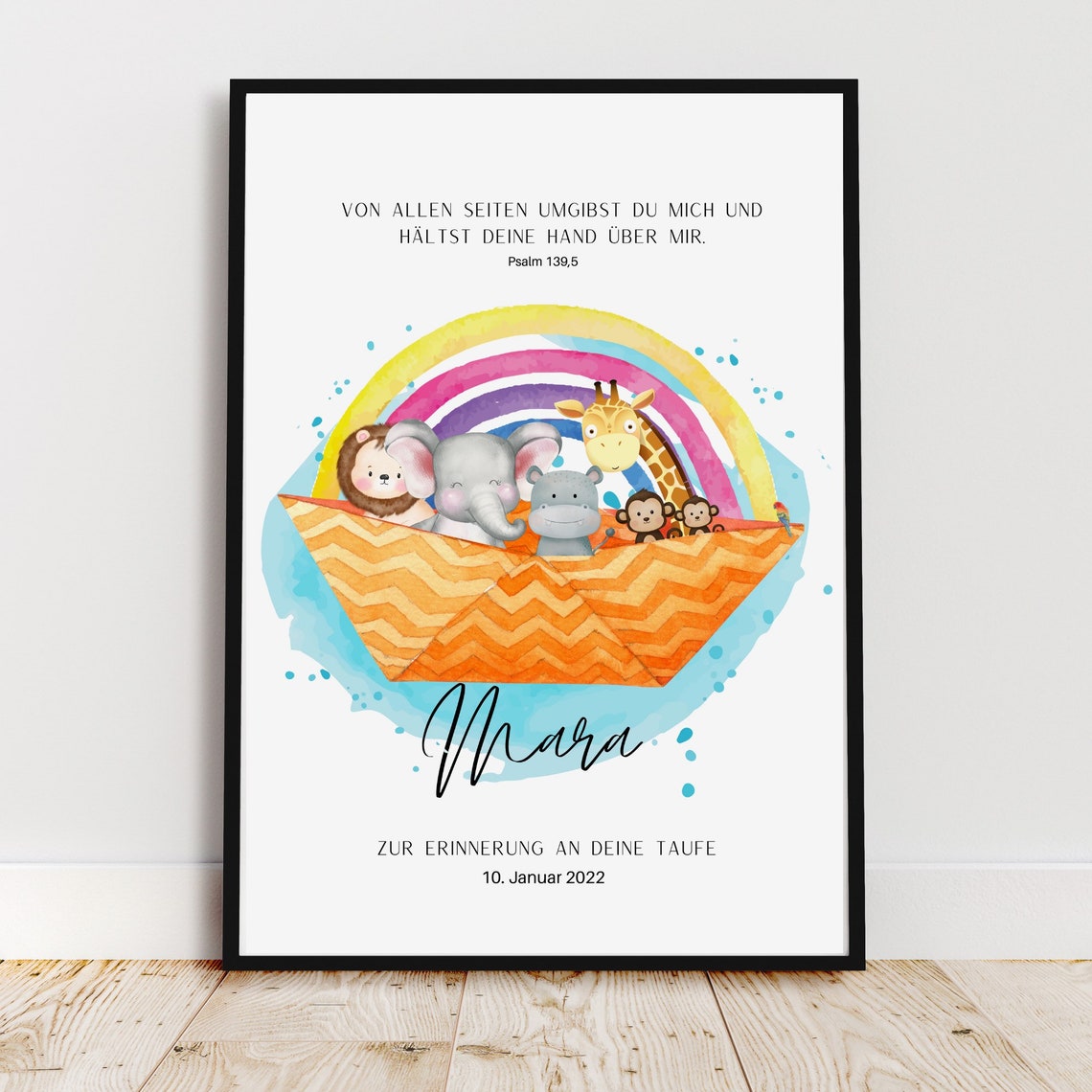 Personalized Baptism Poster with Noahs Ark Animals Rainbow Design