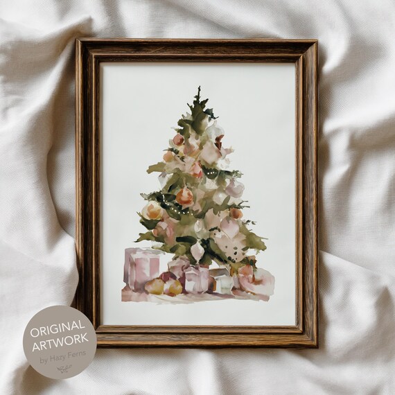 Soft Watercolor Christmas Tree With Gifts Cozy Holiday Art Print