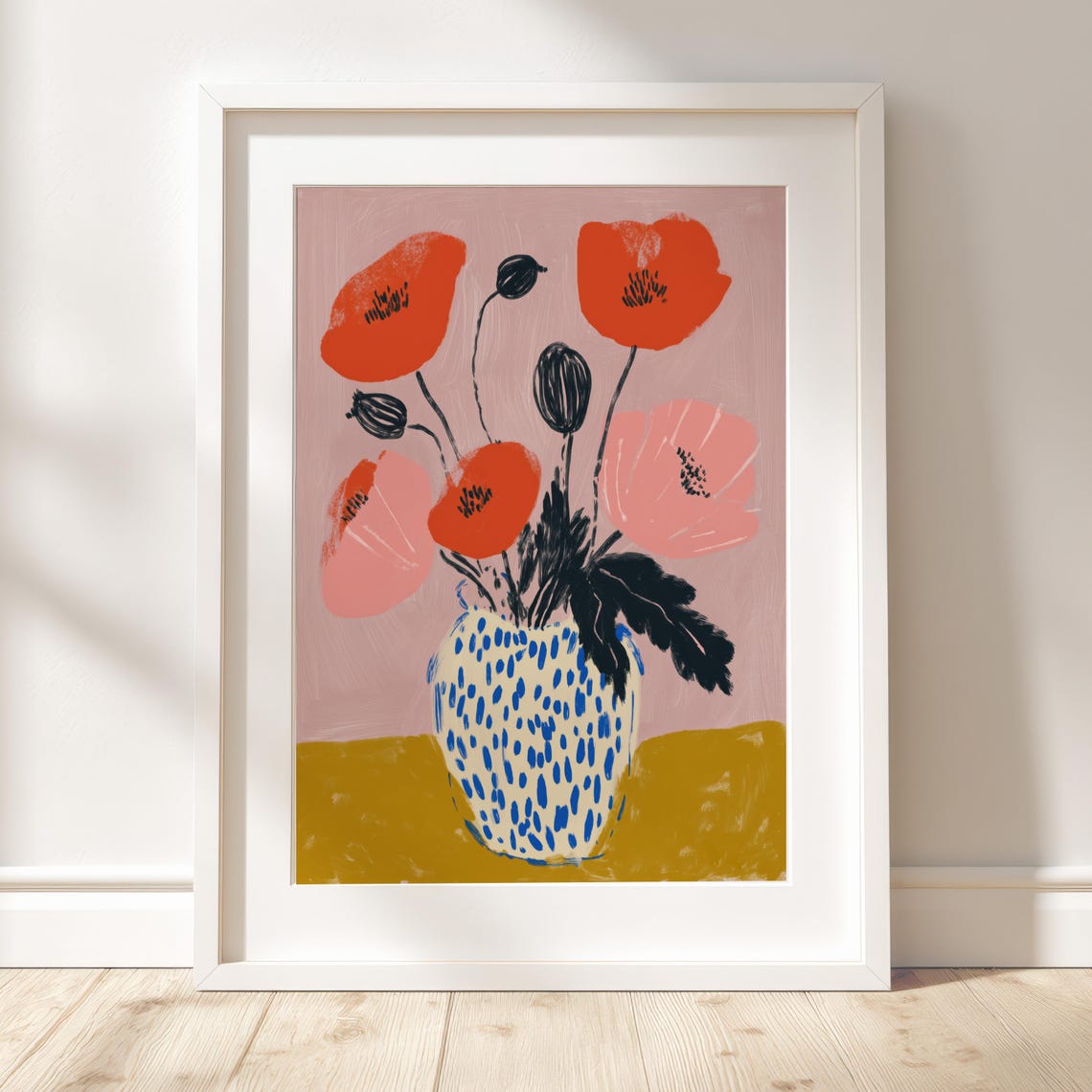 Red Poppies In Vase Line Art Minimal Botanical Illustration
