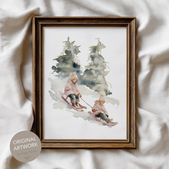 Sledding Kids Watercolor Print Winter Nursery Art
