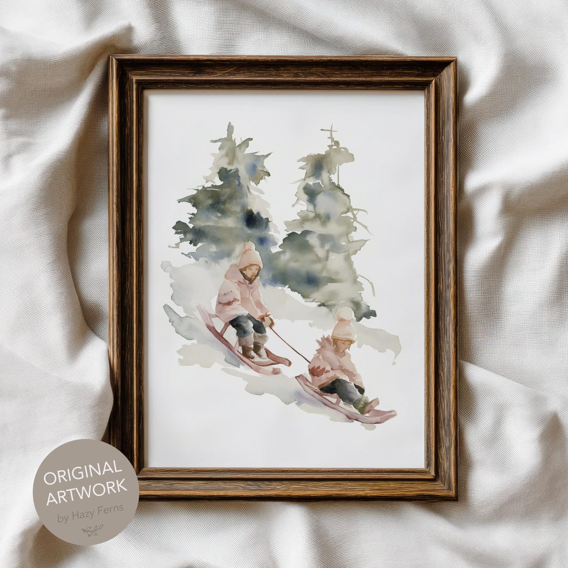Sledding Kids Watercolor Print Winter Nursery Art