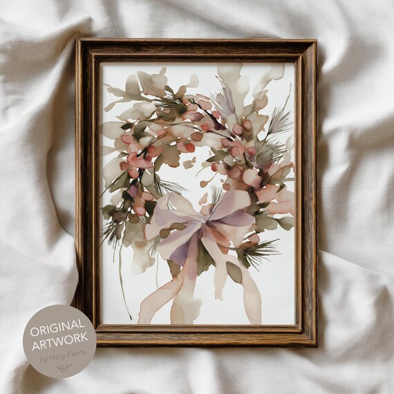 Elegant Watercolor Christmas Wreath Pastel Bow Pine Holiday Art Print