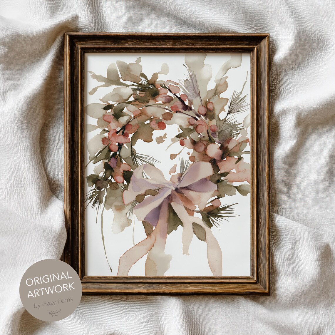 Elegant Watercolor Christmas Wreath Pastel Bow Pine Holiday Art Print