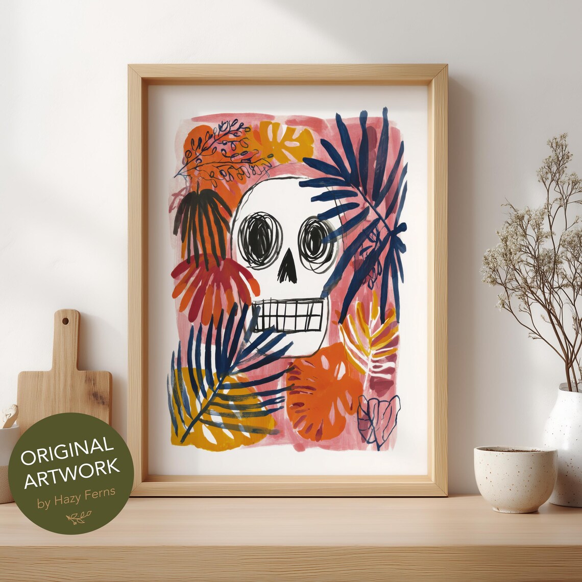 Skull Art Print, Colorful Gouache Tropical Botanical