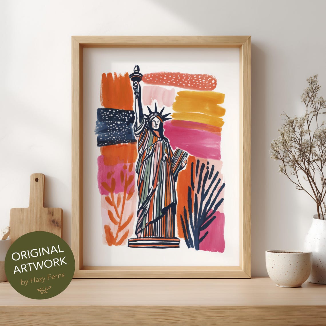 Statue Of Liberty Bold Colorful Striped Gouache Icon Art Poster