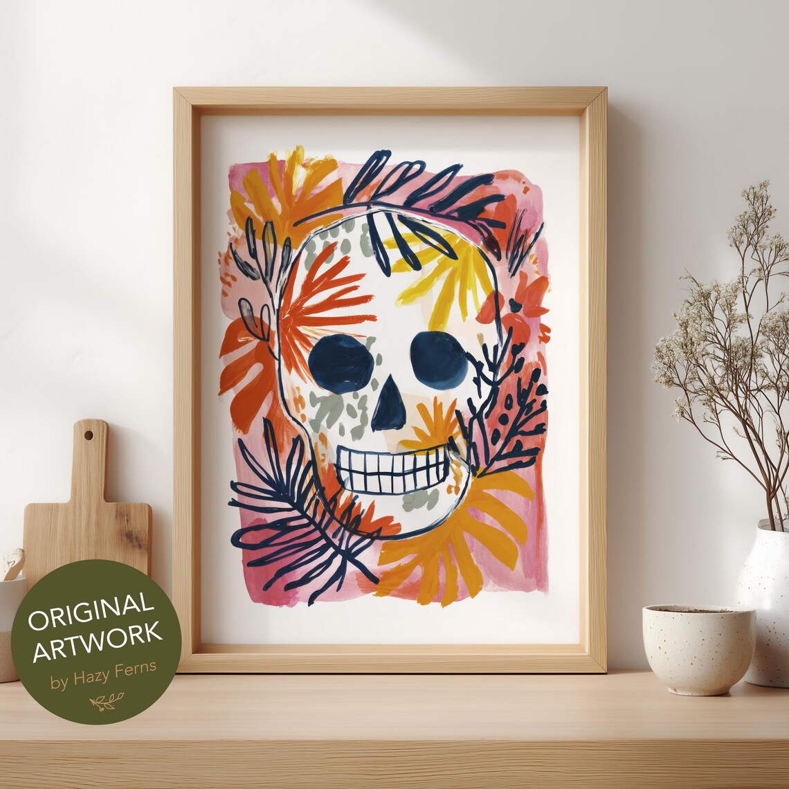 Skull Art Print, Colorful Gouache Abstract Floral