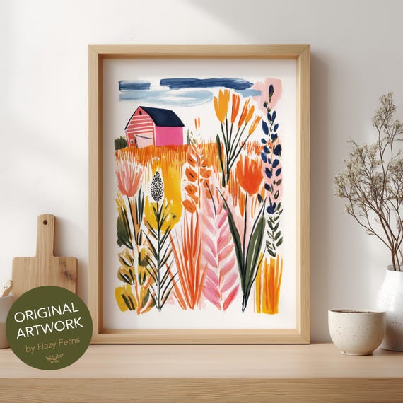 Countryside Landscape Art Print Colorful Gouache Style Rural Field Wall Poster 13