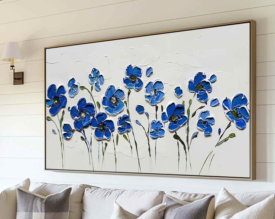 Blue Flowers White Background Painting Palette Knife Floral Wall Art