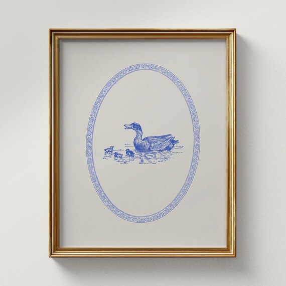 Cornflower Blue Duck and Ducklings Oval Border Vintage Print