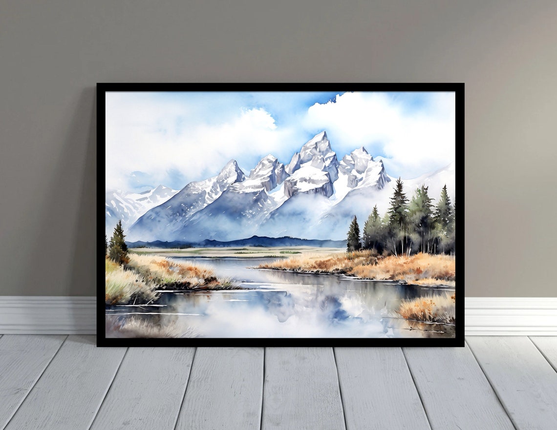 Majestic Snowy Peaks River Watercolor Mountain Painting Poster