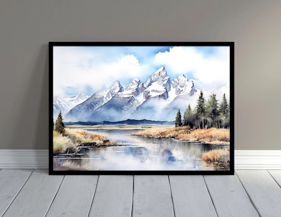 Majestic Snowy Peaks River Watercolor Mountain Painting Poster