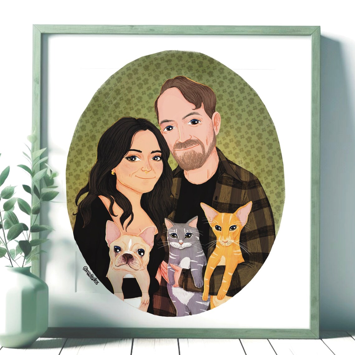 Couple with French Bulldog Cats Custom Illustrated Portrait Print
