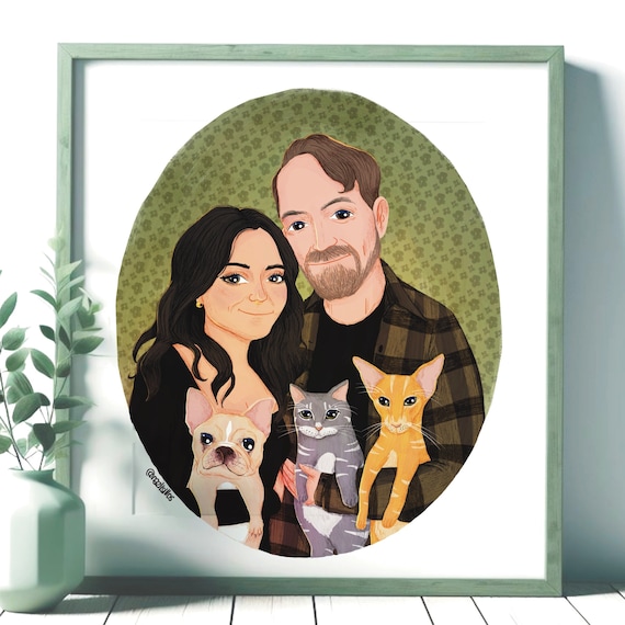 Couple with French Bulldog Cats Custom Illustrated Portrait Print