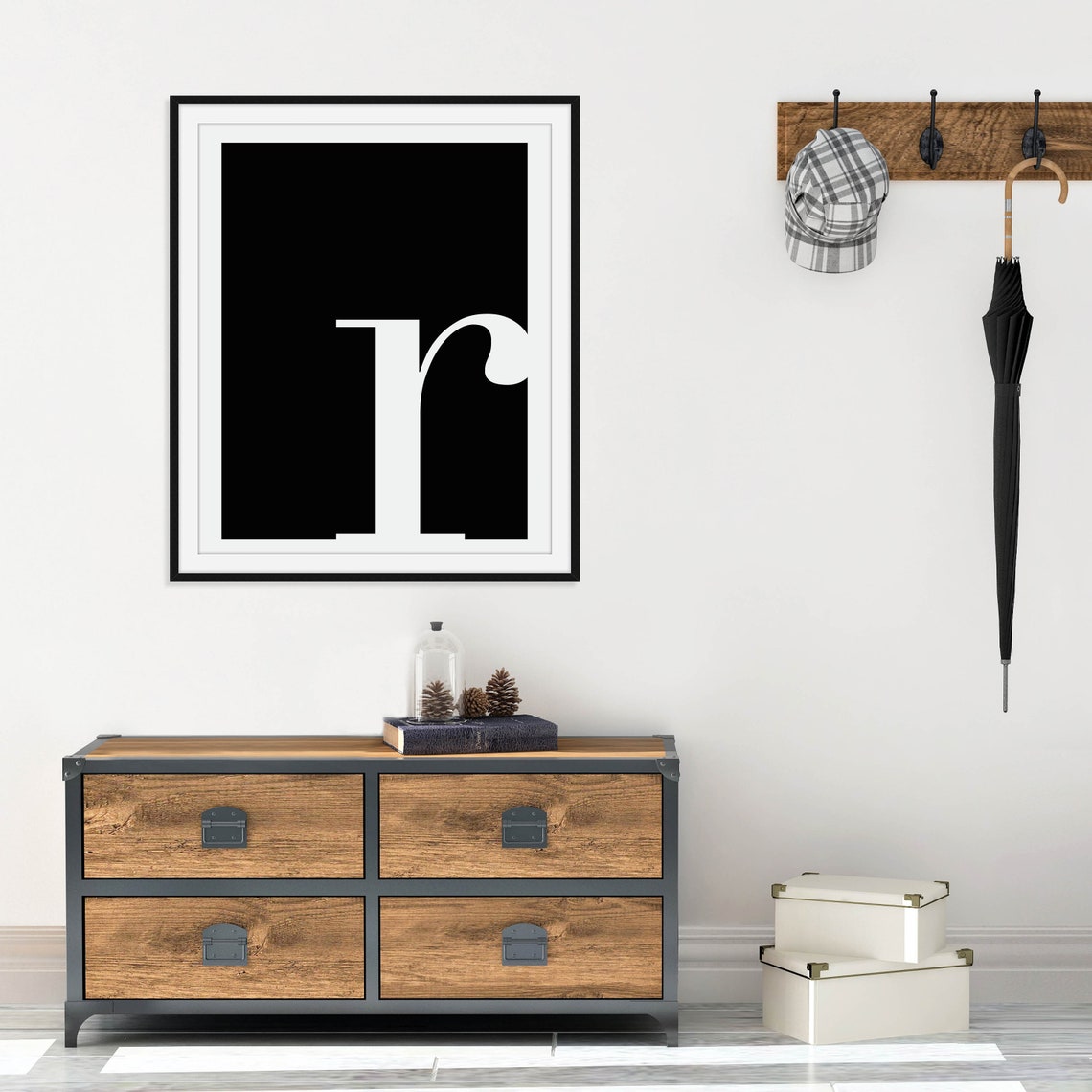 Lowercase Letter R Monogram Poster White on Black Modern Decor - Image 2