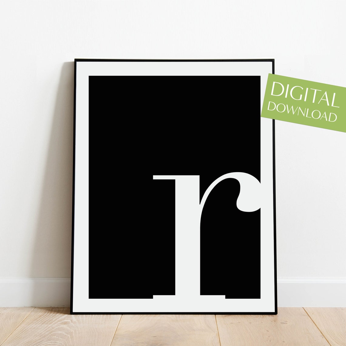 Lowercase Letter R Monogram Poster White on Black Modern Decor
