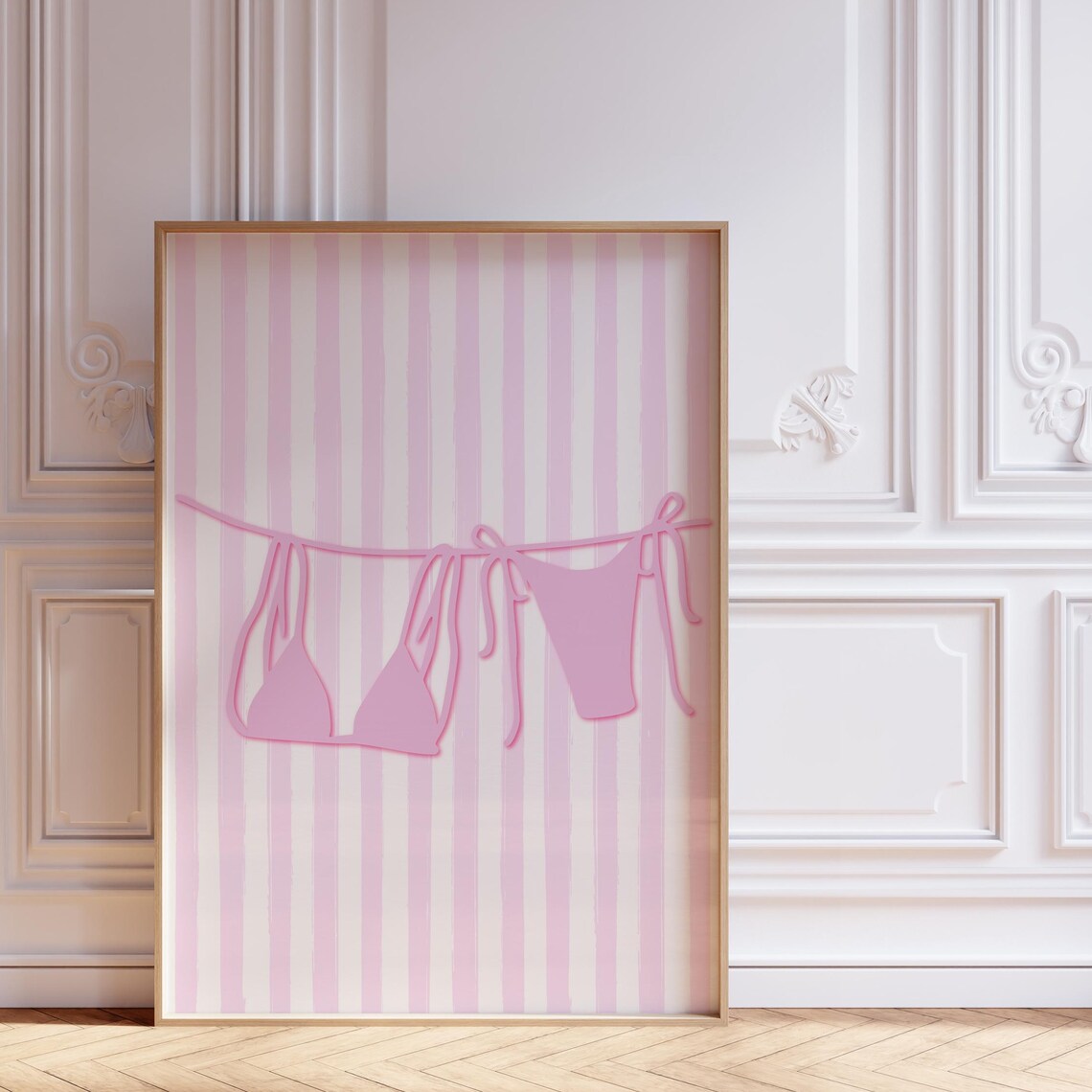 Pink Bikini Hanging on Clothesline Poster With Pink Striped Background