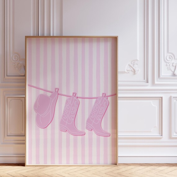 Pink Cowgirl Boots and Hat on Pink Striped Clothesline Poster