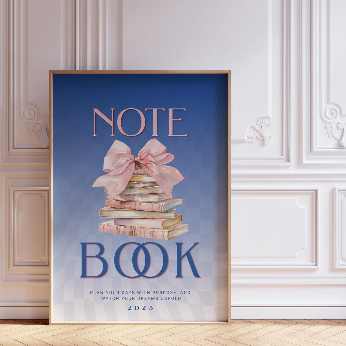 Cobalt Blue Note Book Stack Pink Bow Bookish Library Decor Wall Poster