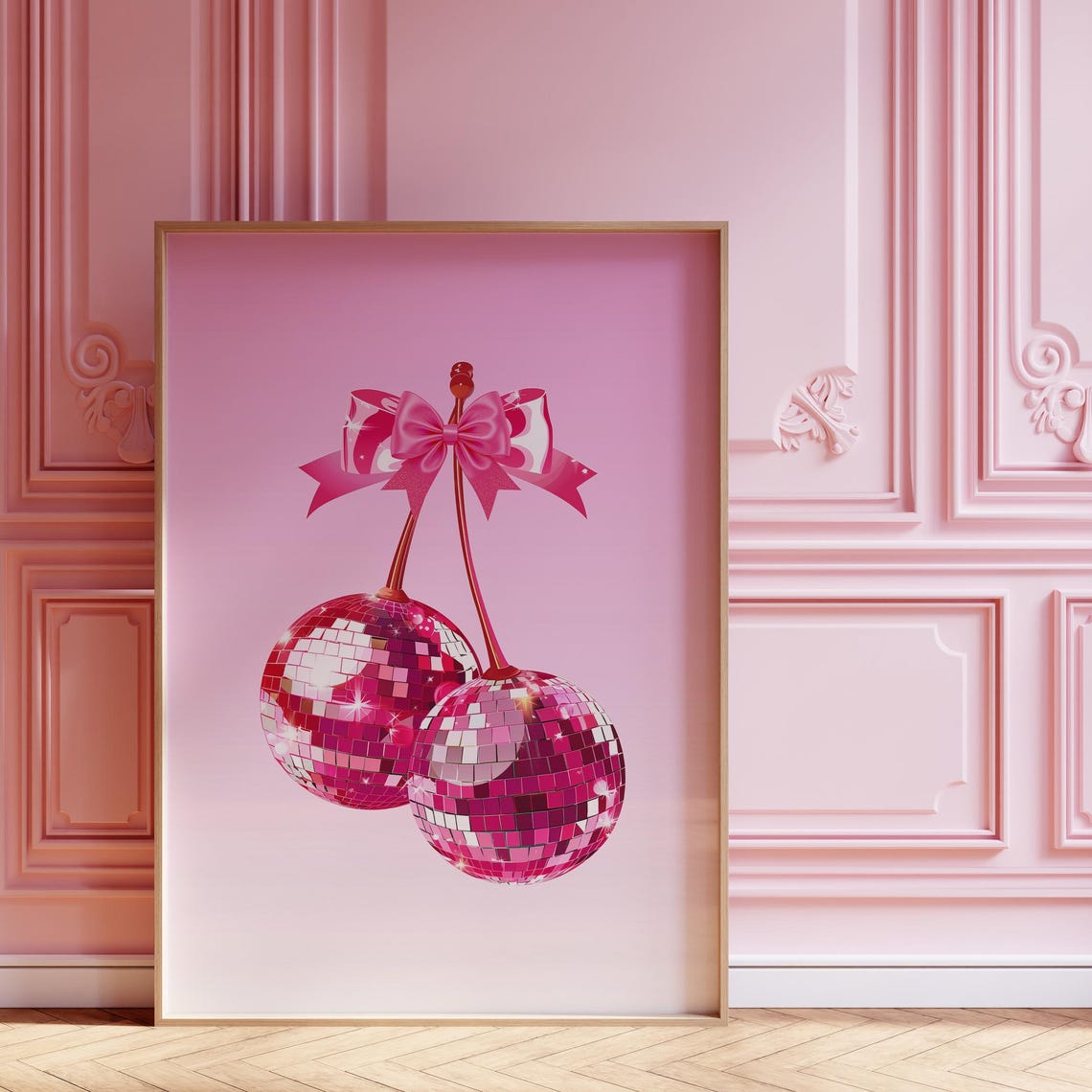 Pink Disco Ball Cherries with Satin Bow Coquette Preppy Poster