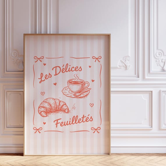 French Cafe Print Vintage Croissant Coffee Art