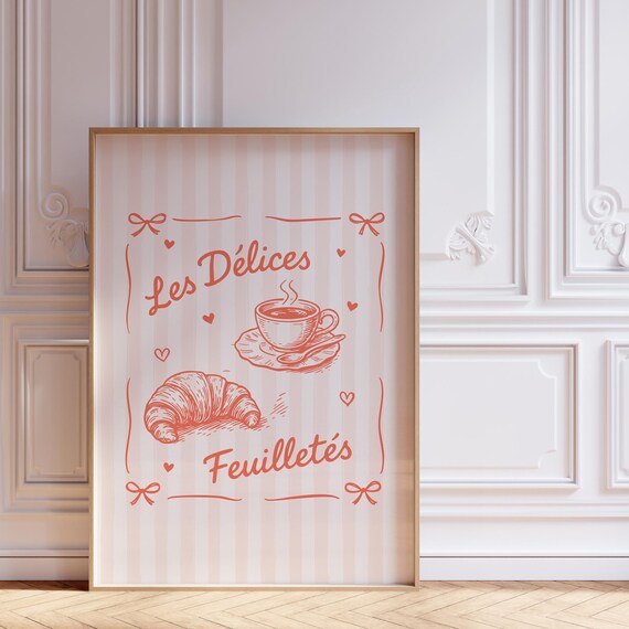 Les Delices Feuillettes Coral Line Art French Cafe Poster in Blush Tones