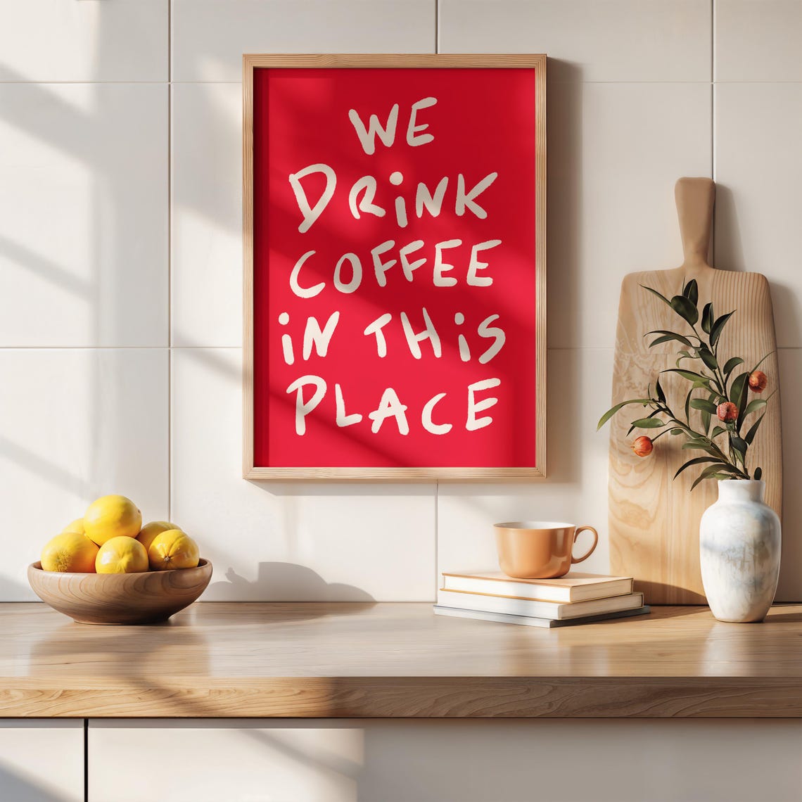 We Drink Coffee In This Place White Brush Script Red Sign Poster - Image 4