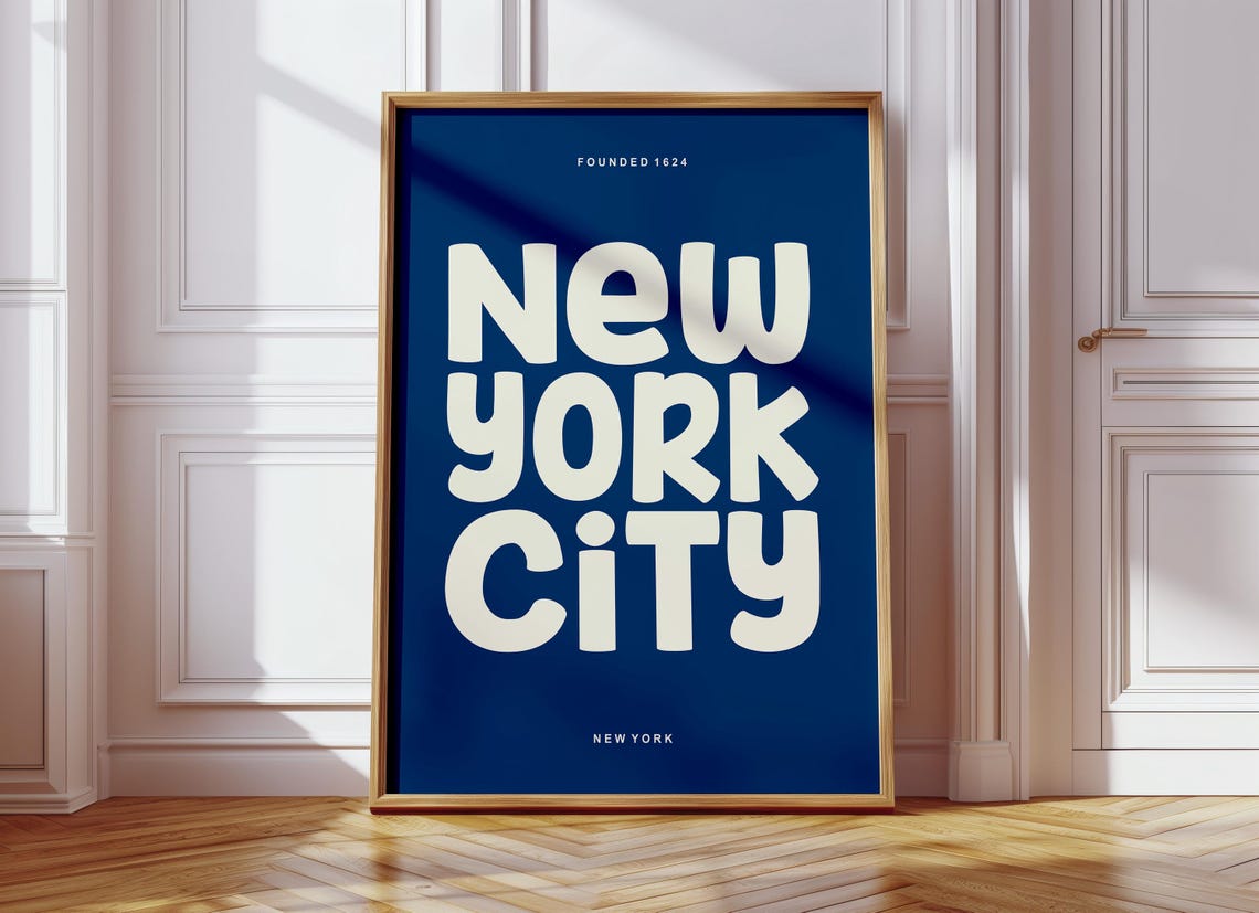 New York City Retro Typography Poster Navy Blue Cream Bubble Type - Image 2