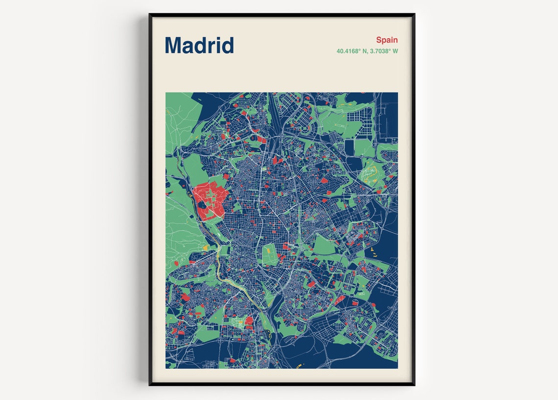 Madrid Spain Navy Blue Detailed City Street Map Coordinates Poster