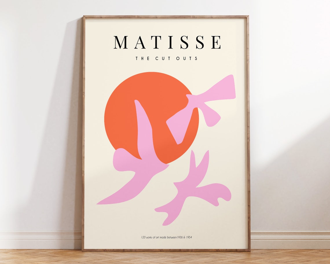 Matisse Cut Outs Pink Birds and Orange Sun Abstract Art Poster