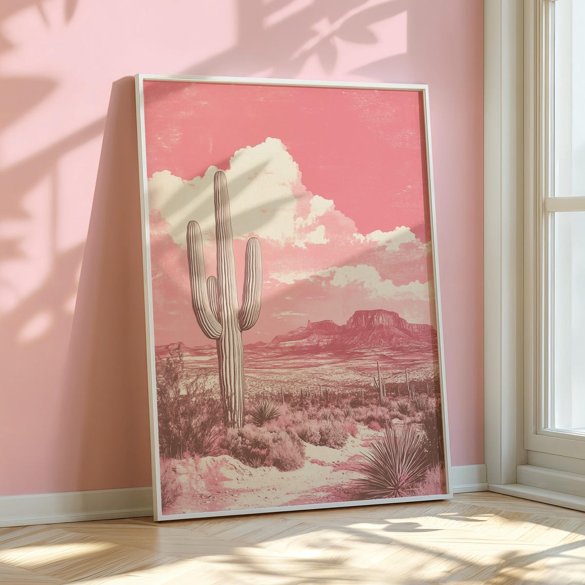 Pink Desert Saguaro Cactus Monochrome Canyon Landscape Art Poster - Image 2