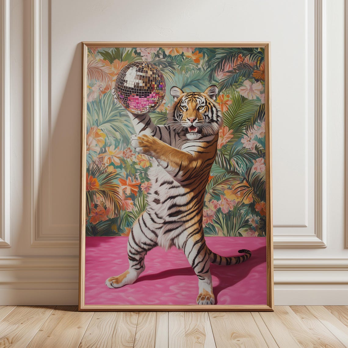 Tiger Holding Disco Ball Maximalist Tropical Painting Poster
