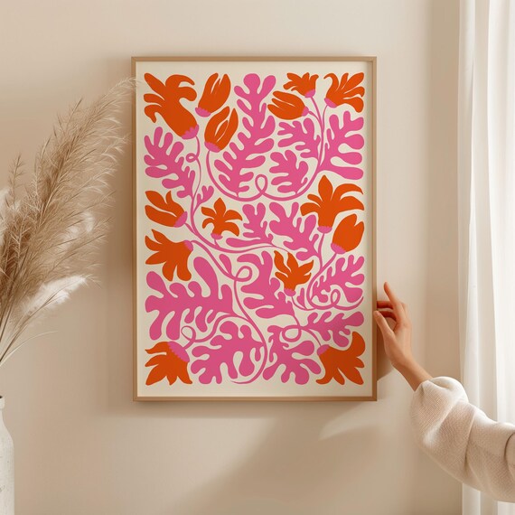 Pink Orange Matisse Style Flower Poster Bold Abstract Floral Design