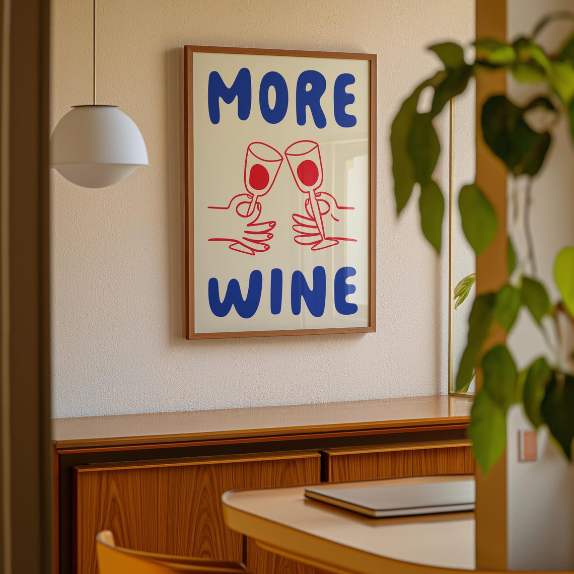 More Wine Hand Drawn Kitchen Bar Cart Blue Red Cheers Poster - Image 3