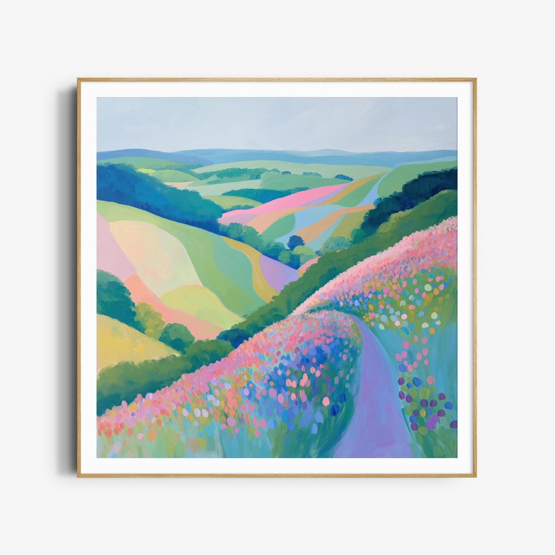 Pastel Wildflower Meadow Rolling Hills Colorful Landscape Poster