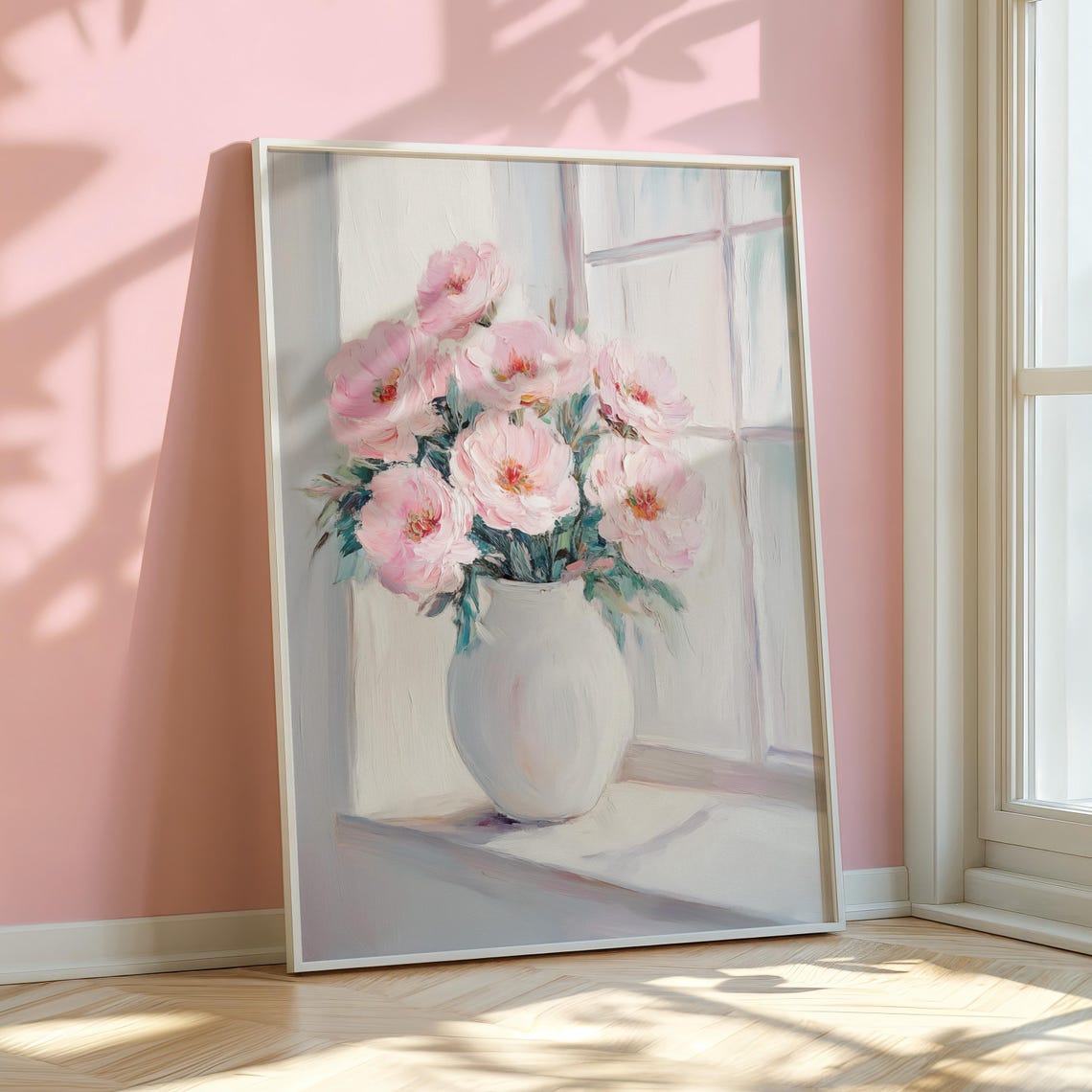 Pink Peonies In White Vase By Window Soft Oil Painting Poster