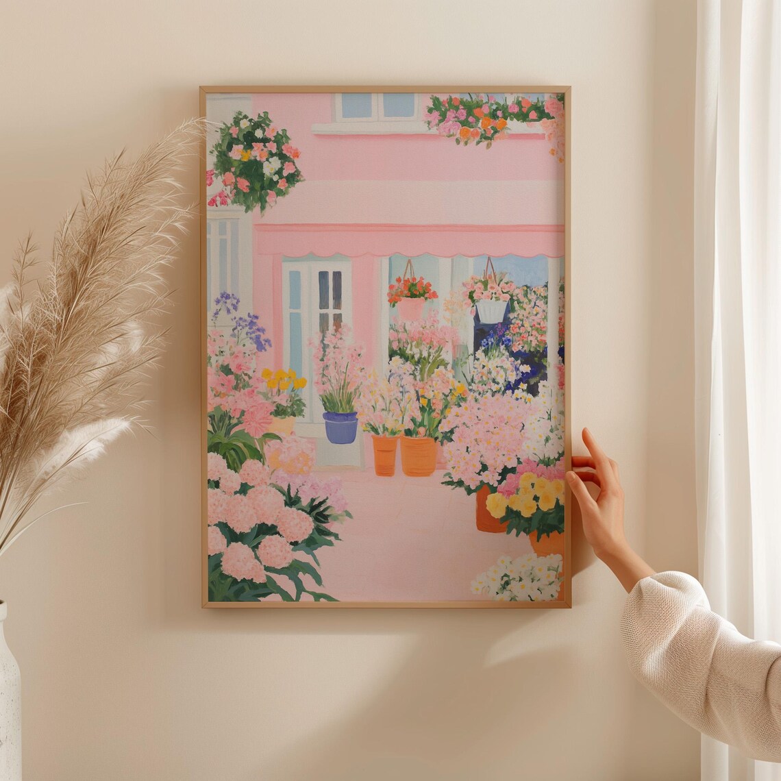Pink Flower Shop Storefront Painting Hanging Baskets Floral Poster - Image 3