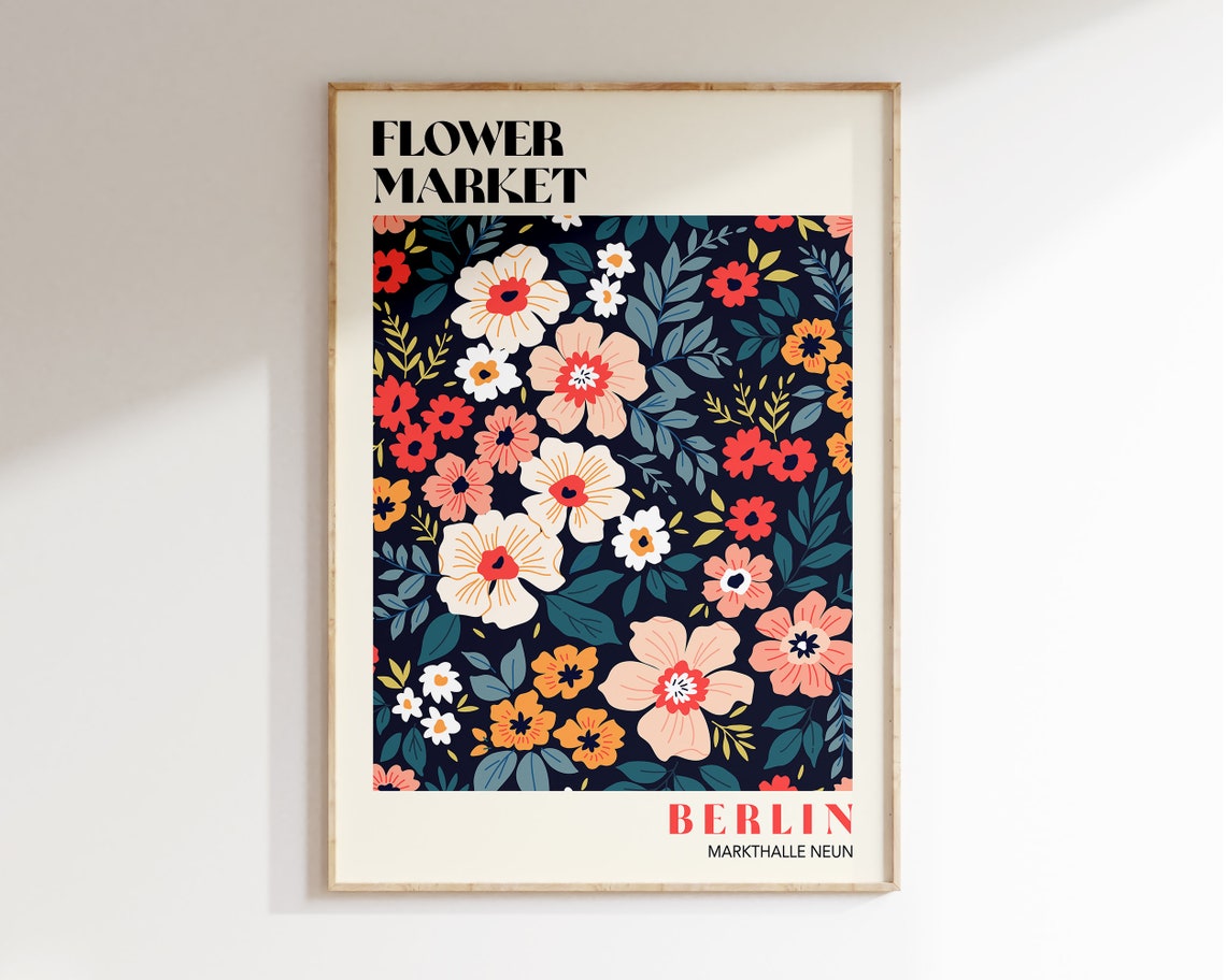 Berlin Flower Market Markthalle Neun Retro Navy Botanical Art Poster