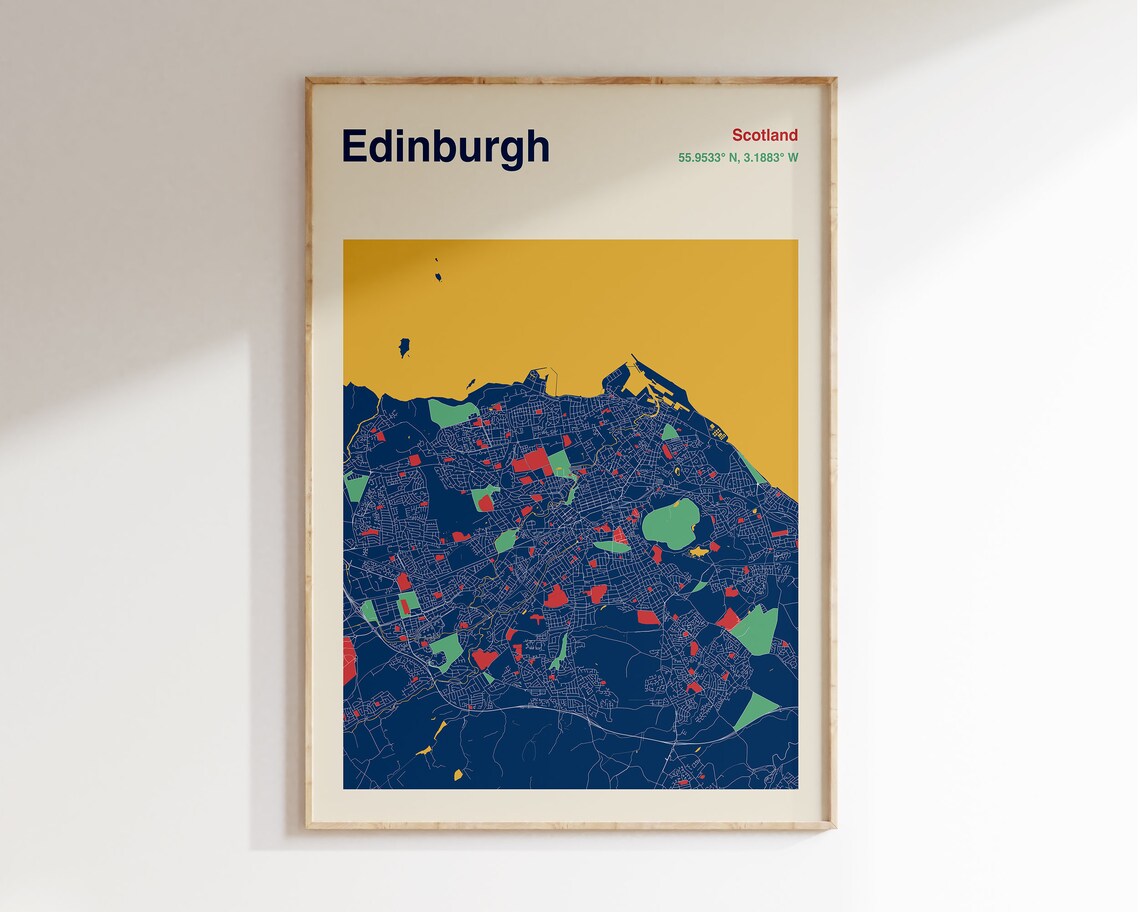 Edinburgh Map Poster, Mid-Century Travel Poster