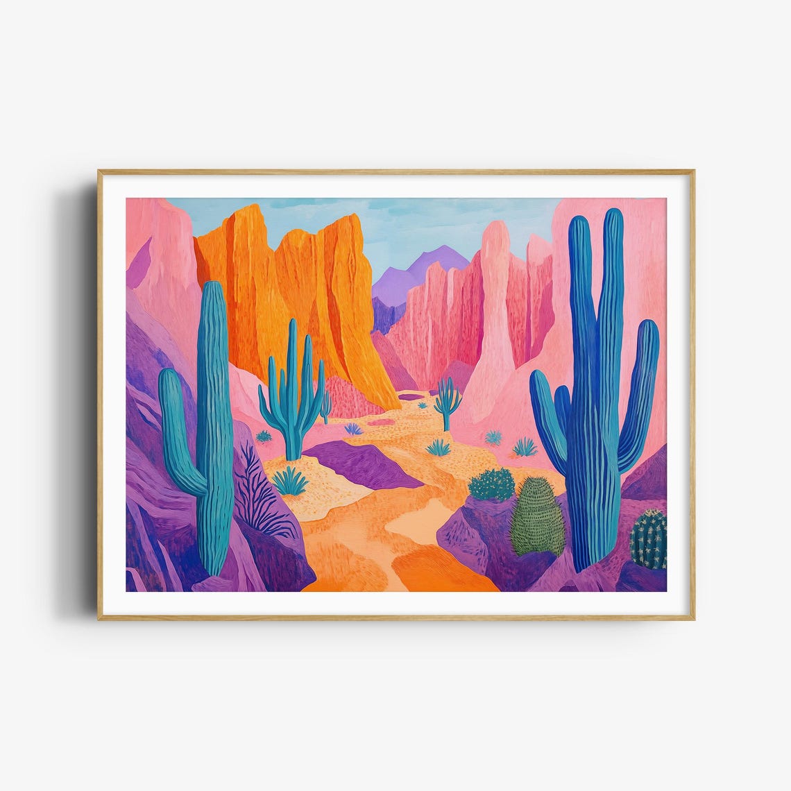 Colourful Desert Landscape Painting Cacti And Purple Peaks Poster - Image 3