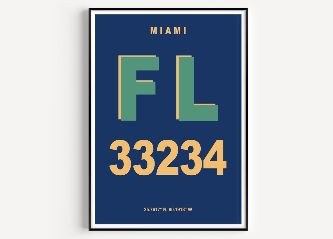 Miami Florida 33234 Vintage Navy Typographic Zip Code Poster