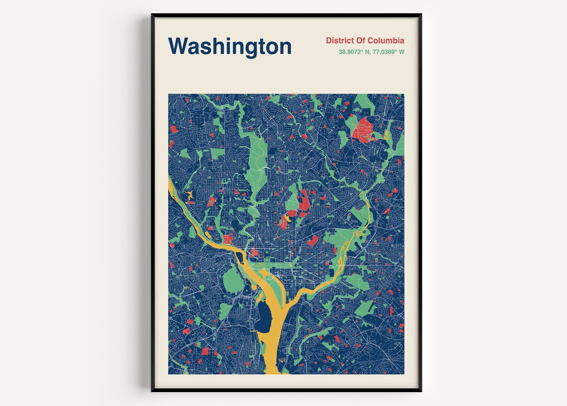 Washington DC Map Poster, Mid-Century Map Print