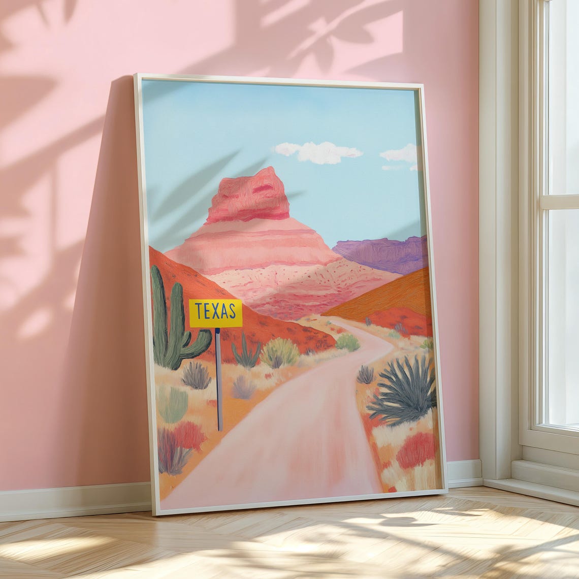 Texas Desert Road Sign Cactus Pink Mesa Landscape Travel Poster