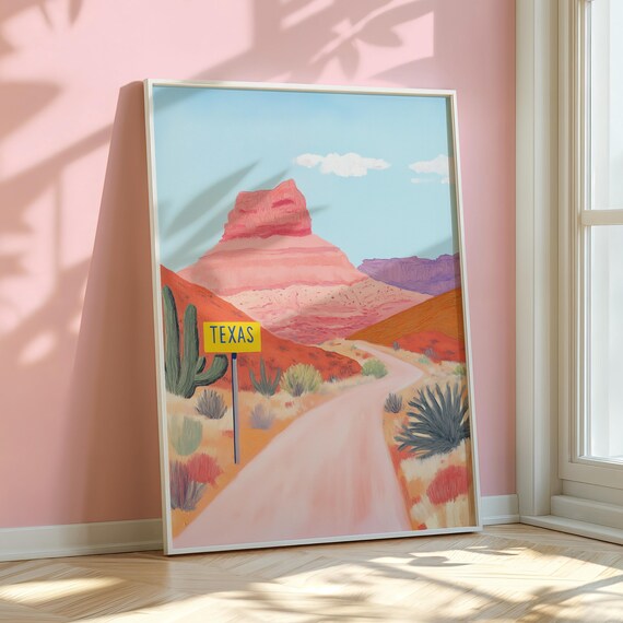 Texas Landscape Print Boho Desert Landscape Print Southwestern Prints Maximalist Painting Pink Desert Wall Art W31