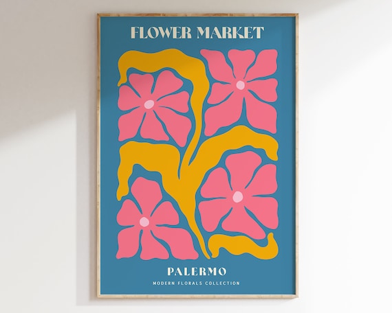 Flower Market Palermo Blue Pink Retro Matisse Botanical Poster