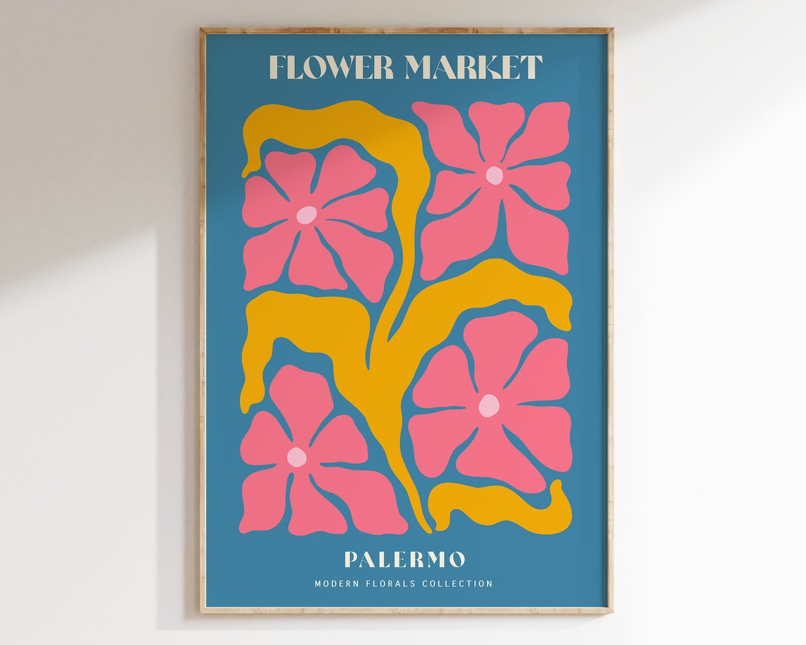 Flower Market Palermo Blue Pink Retro Matisse Botanical Poster