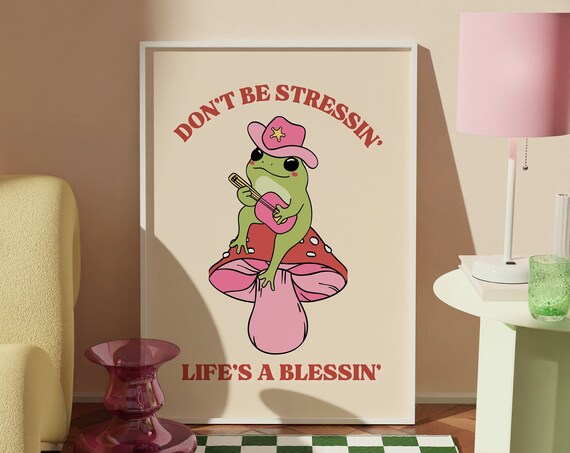 Cowgirl Frog Mushroom Wall Art Trendy Frog Illustration Frog Poster Gift For Friends Mental Health Quotes Cute Pink Girly Wall Art
