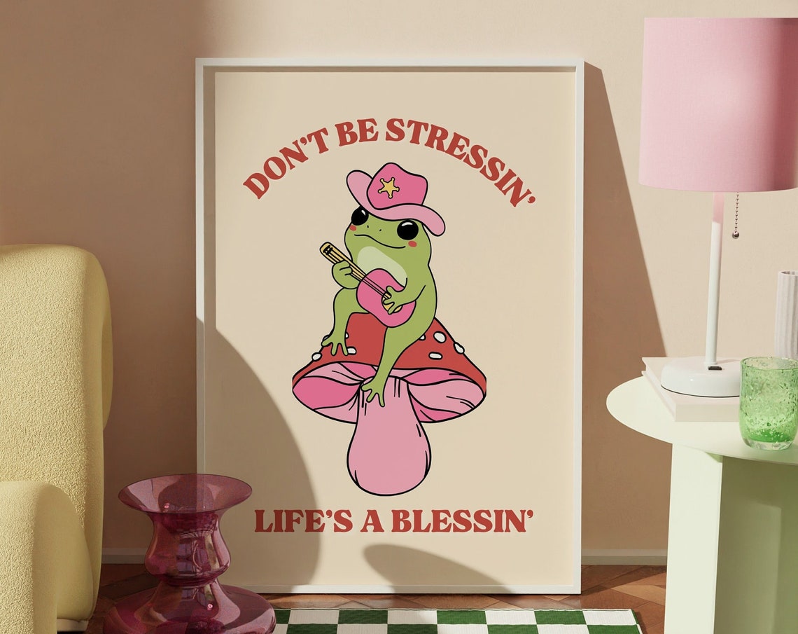 Cowgirl Frog Mushroom Wall Art Trendy Frog Illustration Frog Poster Gift For Friends Mental Health Quotes Cute Pink Girly Wall Art