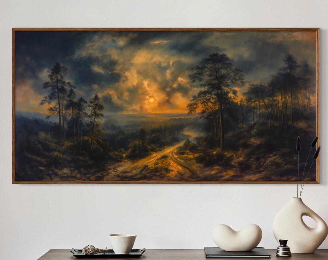 Moody Sunset in Misty Forest, Rustic Art Print